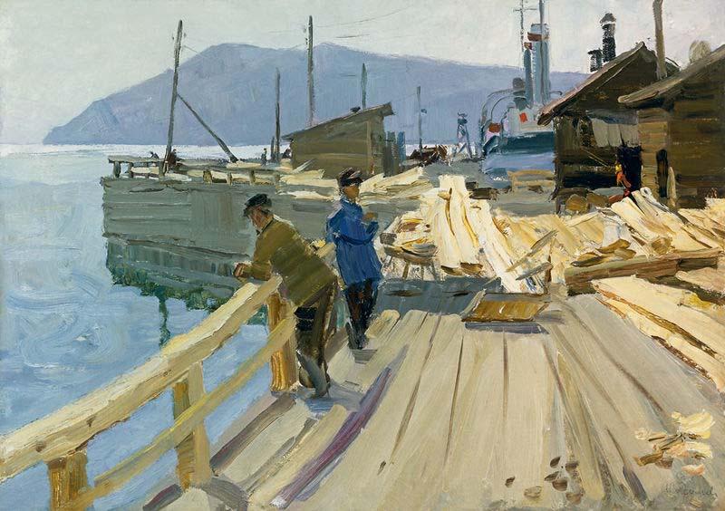 Anatoli Ilych Vasiliev Baikal Lake boat station. At the moorage Sweden oil painting art